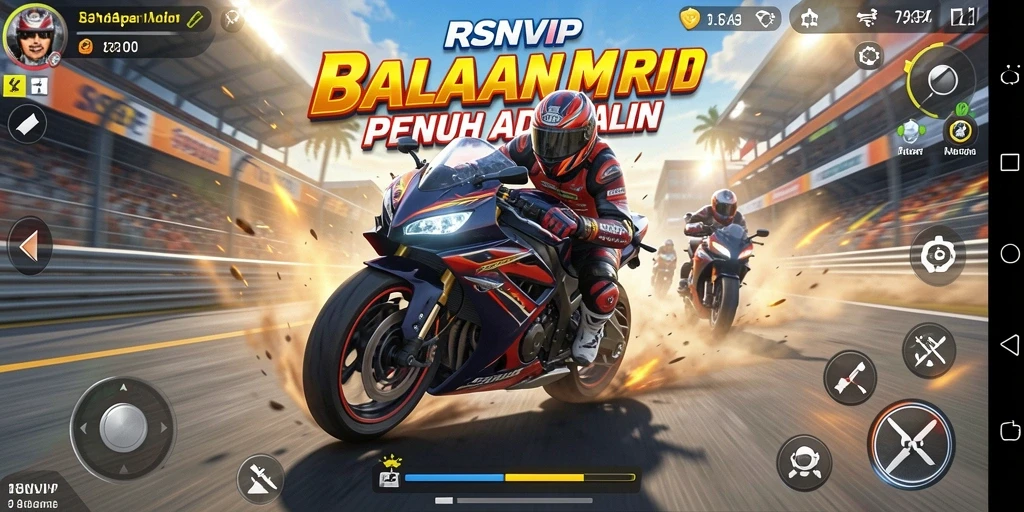 Screenshot gameplay RSNVIP menunjukkan aksi balapan motor yang mendebarkan.