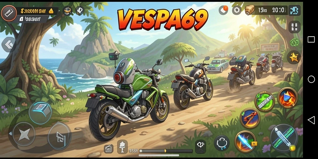 Tampilan gameplay VESPA69 yang ceria dengan karakter unik.
